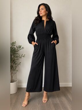 NWT Hutch Black Smocked Waist Wide Leg Jumpsuit Pantsuit Size M